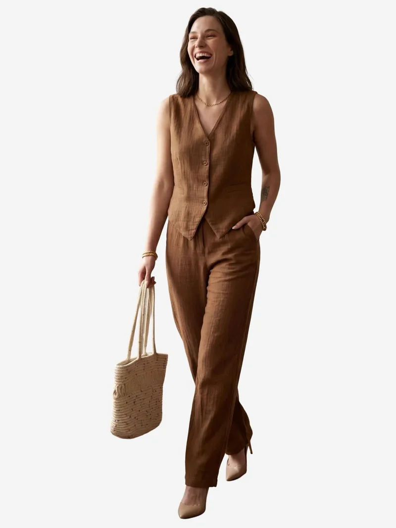 MY FASHION Textured Cotton V-Neck Vest & Pants Two-Piece Set